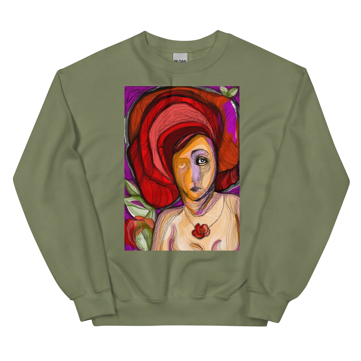 womens-classic-sweatshirt-red-flower-military-green