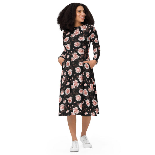 womens-long-sleeve-midi-dress-roses-brown